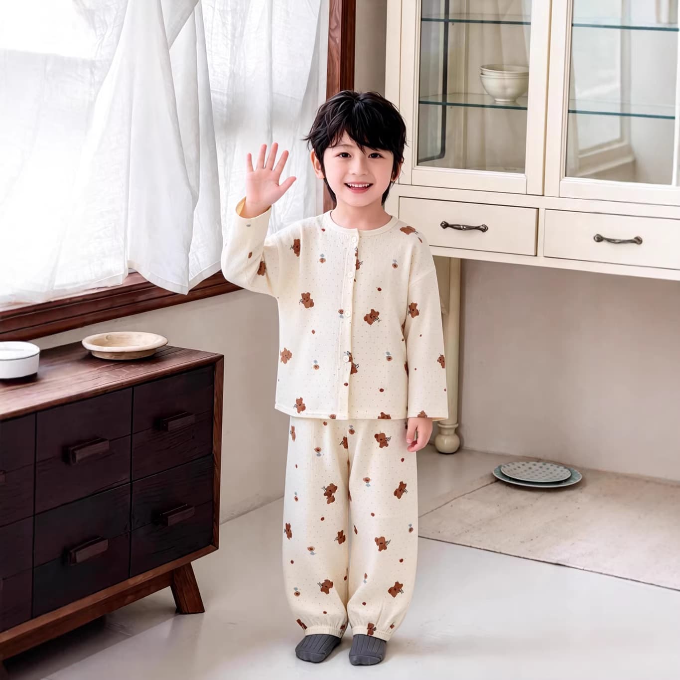 Girls' Pure Cotton Pajama Set Summer Ruffle Cuffed Long Sleeve Sleepwear Thin Cool Air-Conditioned Clothes Printed Kids