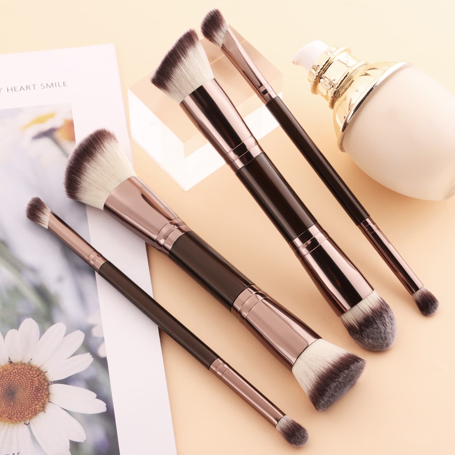4 Dual-Ended Multi-Function Makeup Brushes Set - Powder Brush, Foundation Brush, Contour Brush, Eyeshadow Detail Brush Makeup Tools