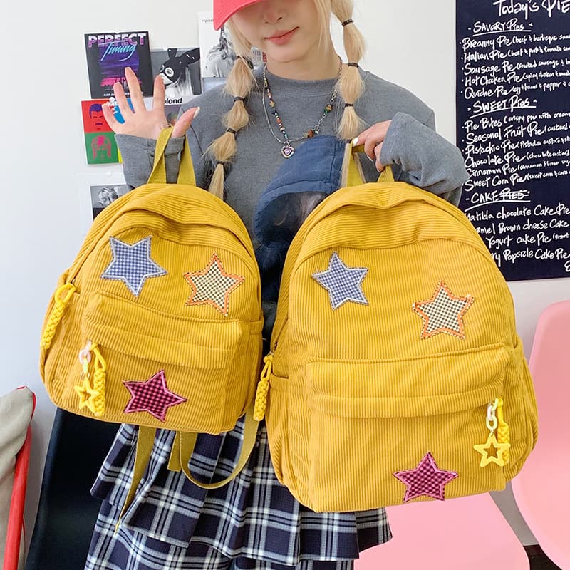 Corduroy Backpack for Women Ins Style 2025 New Solid Color Versatile Star Backpack for Middle School Students Small Size