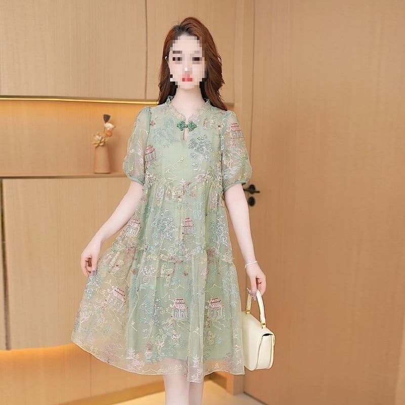 New Chinese Style Summer Chinese Wind Dress Short Sleeve Fashion Youthful High-Waist Slimming Loose Plus-Size Women's Clothing