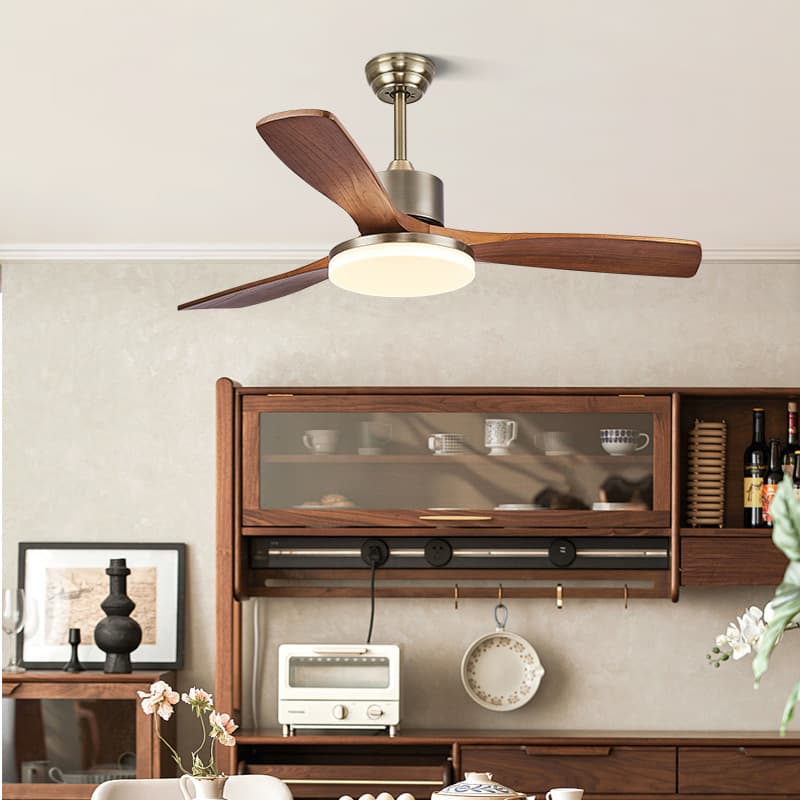 Ceiling fan light silent and remote-controlled dining room bedroom fan light walnut mid-century style strong wind ceiling fan light