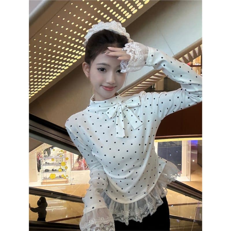 1*1 German Velvet Sweet Bow Lace Polka Dot Long-Sleeved T-Shirt Women's Autumn and Winter Half Turtleneck Base Layer Top