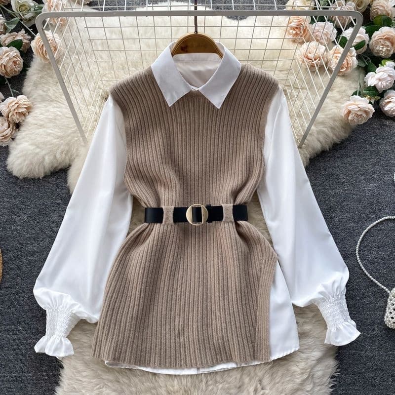 Autumn/Winter Vest Loose Long-Sleeve White Shirt Top Split Back Vest Two-Piece Set Light Luxury Socialite Women's Knitwear