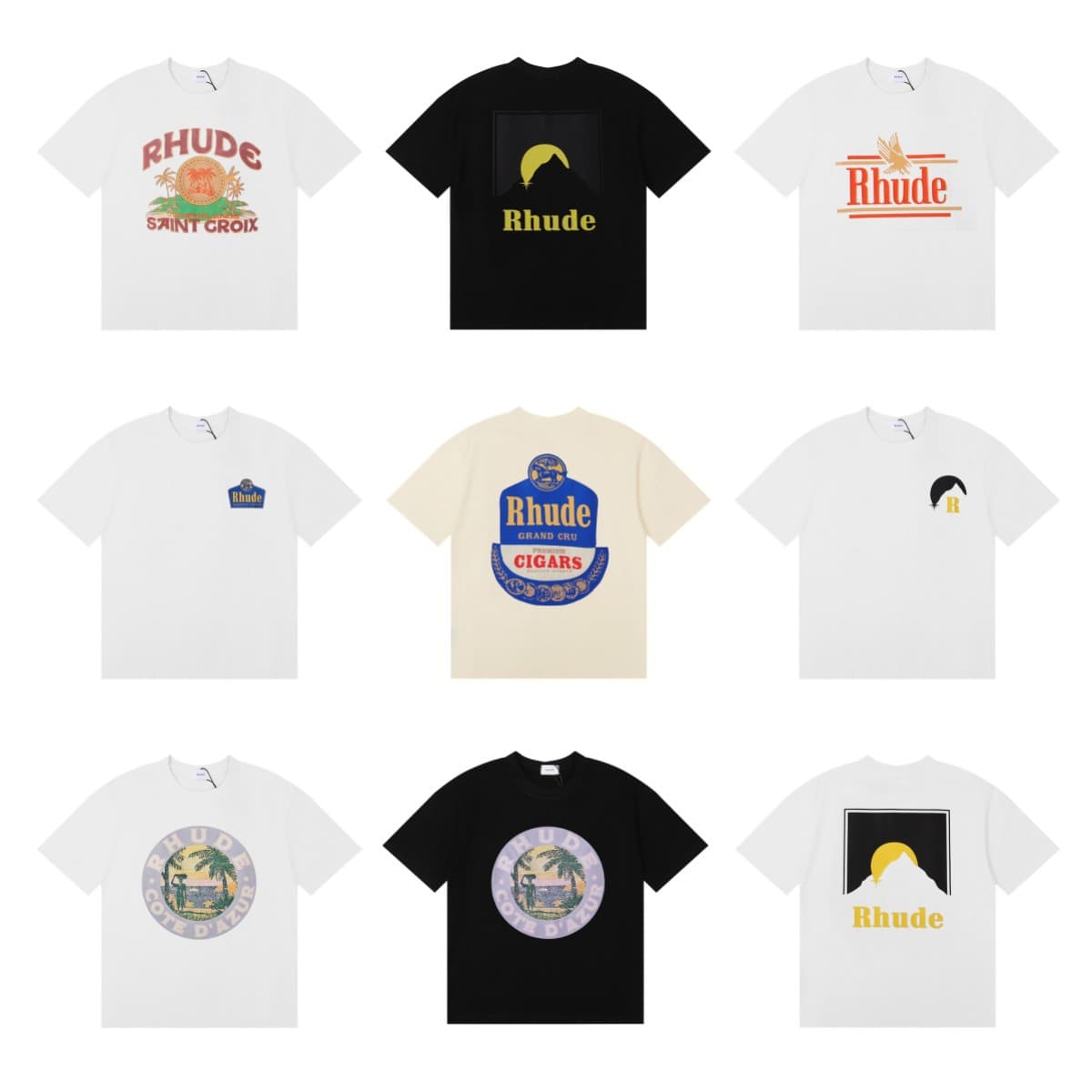 24SS Cross-border European and American Streetwear Brand RHUDE Micro Logo Palm Tree Sunset Pattern Short Sleeve T-Shirt Men and Women High Street Half Sleeve