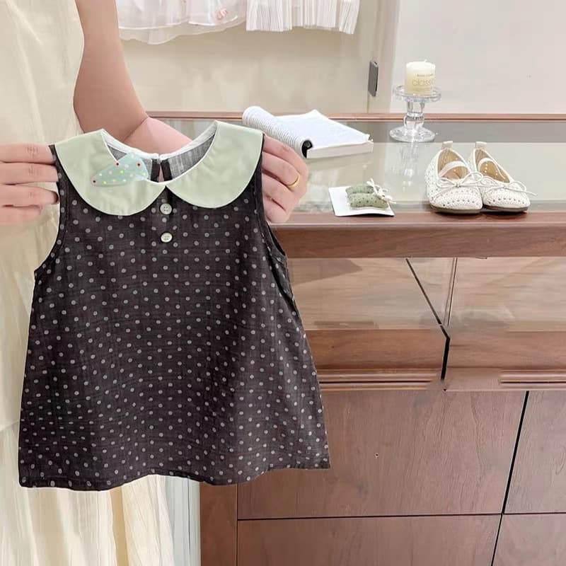 Girls' Summer Retro Polka Dot Vest Dress Baby 2026 New Turn-Down Collar Dress Cotton A-Line Skirt