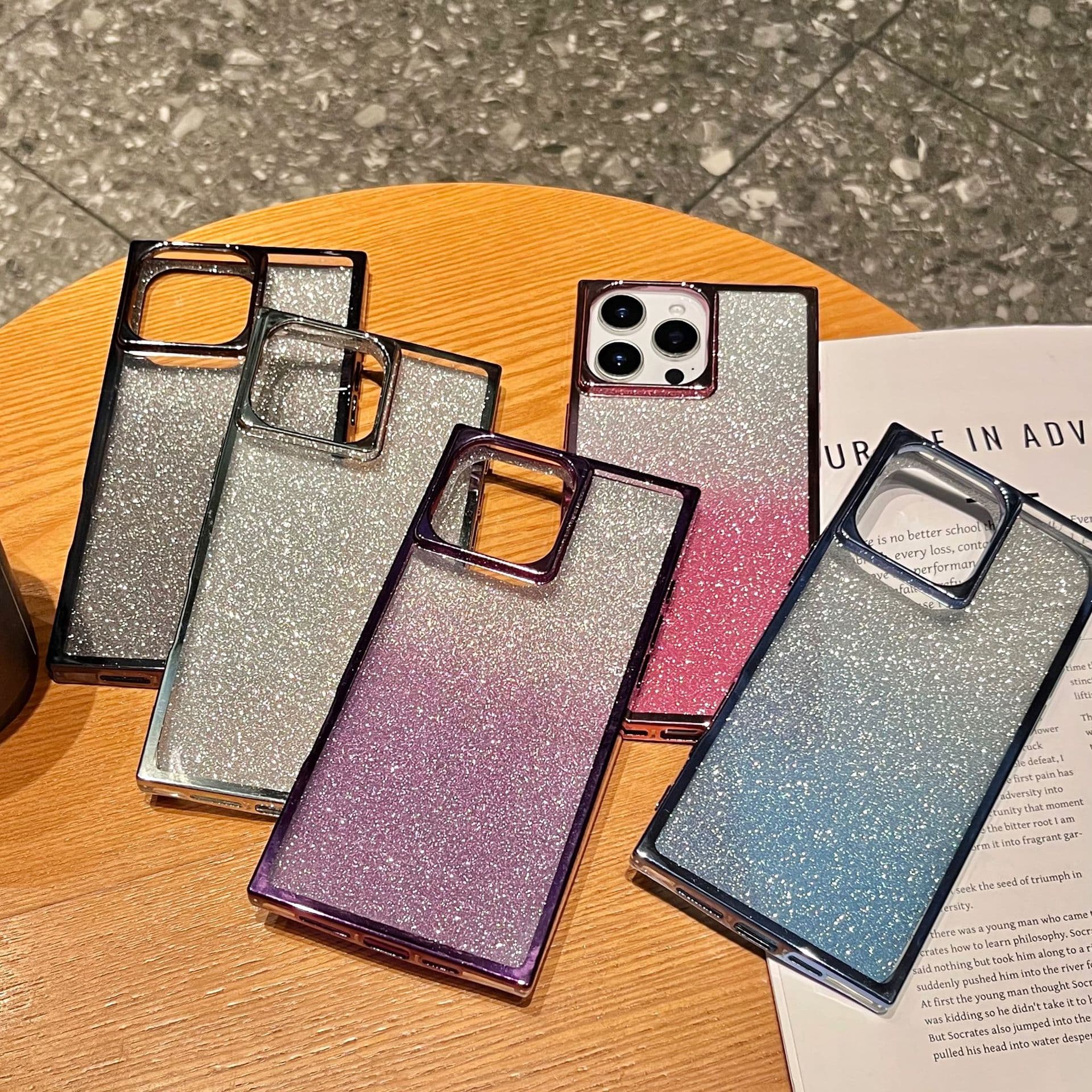 Square Electroplated Gradient Glitter Case for iPhone 12/17PM, Compatible with iPhone 13/14 PROMAX, 15/16P
