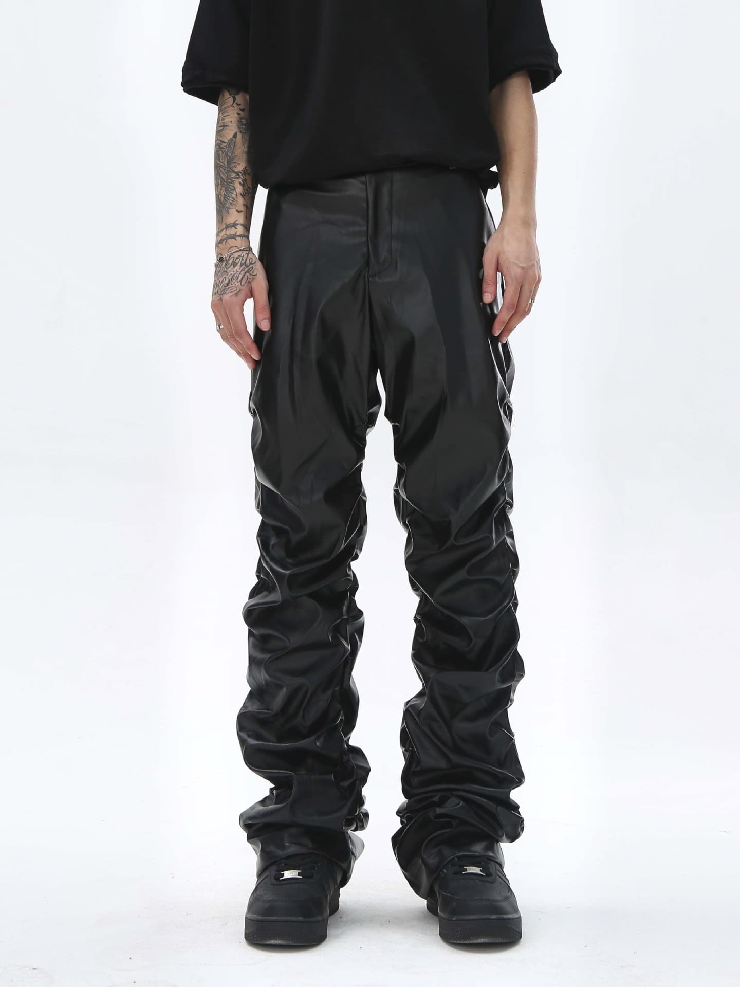 High Street American Pleated Niche Design Leather Pants Unisex Trendy Brand Loose Wide-Leg Straight-Leg Long Pants