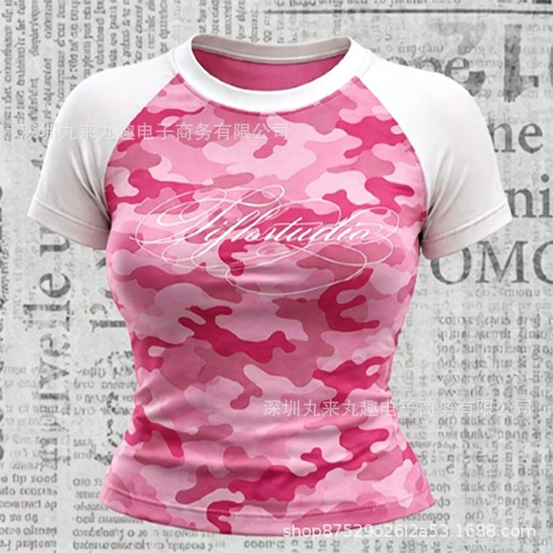 Y2K Babydoll Drop Shoulder Short Sleeve Pink and Gray Camo Script Letter Print Fitted Crop Top T-Shirt Wholesale