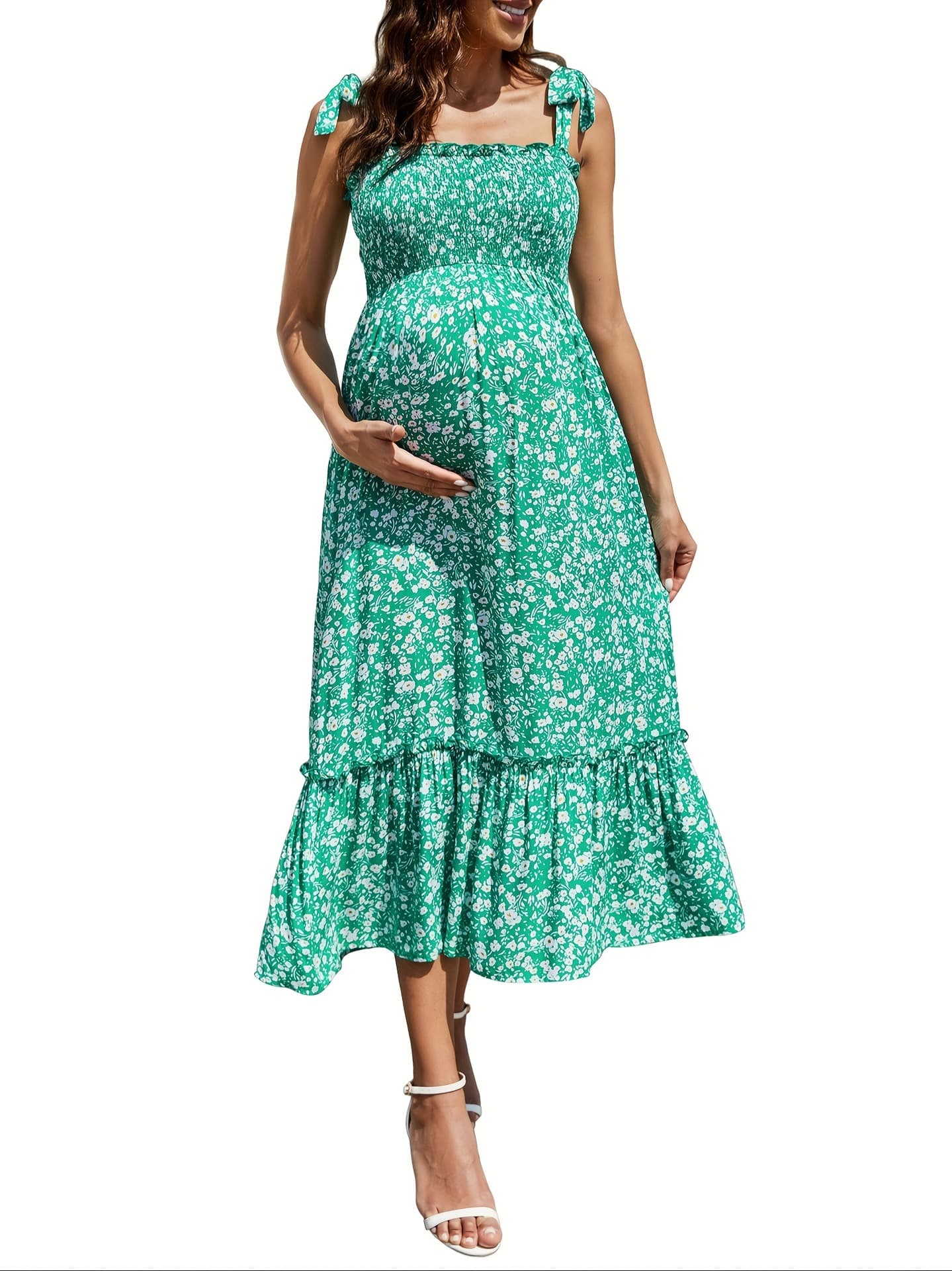 Smocked Maternity Boho Dress Summer Casual Spaghetti Strap
