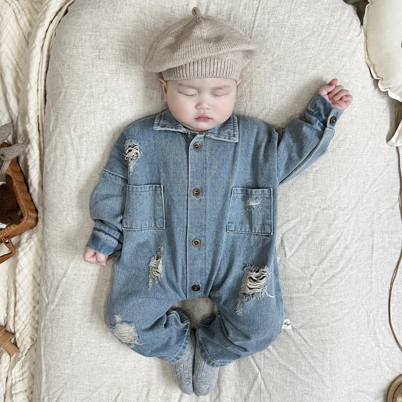 Infant Spring Fashion Trendy Denim Bodysuit for Baby Boys and Girls Long Sleeve Ripped Romper Crawling Outfit Going Out Clothes