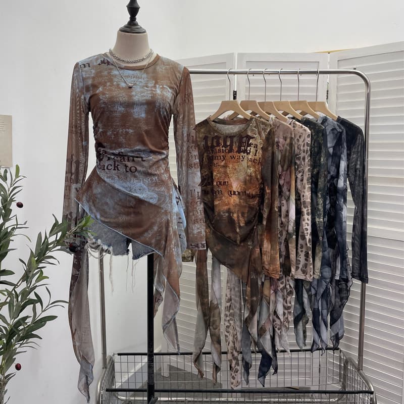 Actual Photo: Long-Sleeve Layering Top with Mesh Dye Print, Irregular Ruffle Hem, and Ribbon Detail - 9998