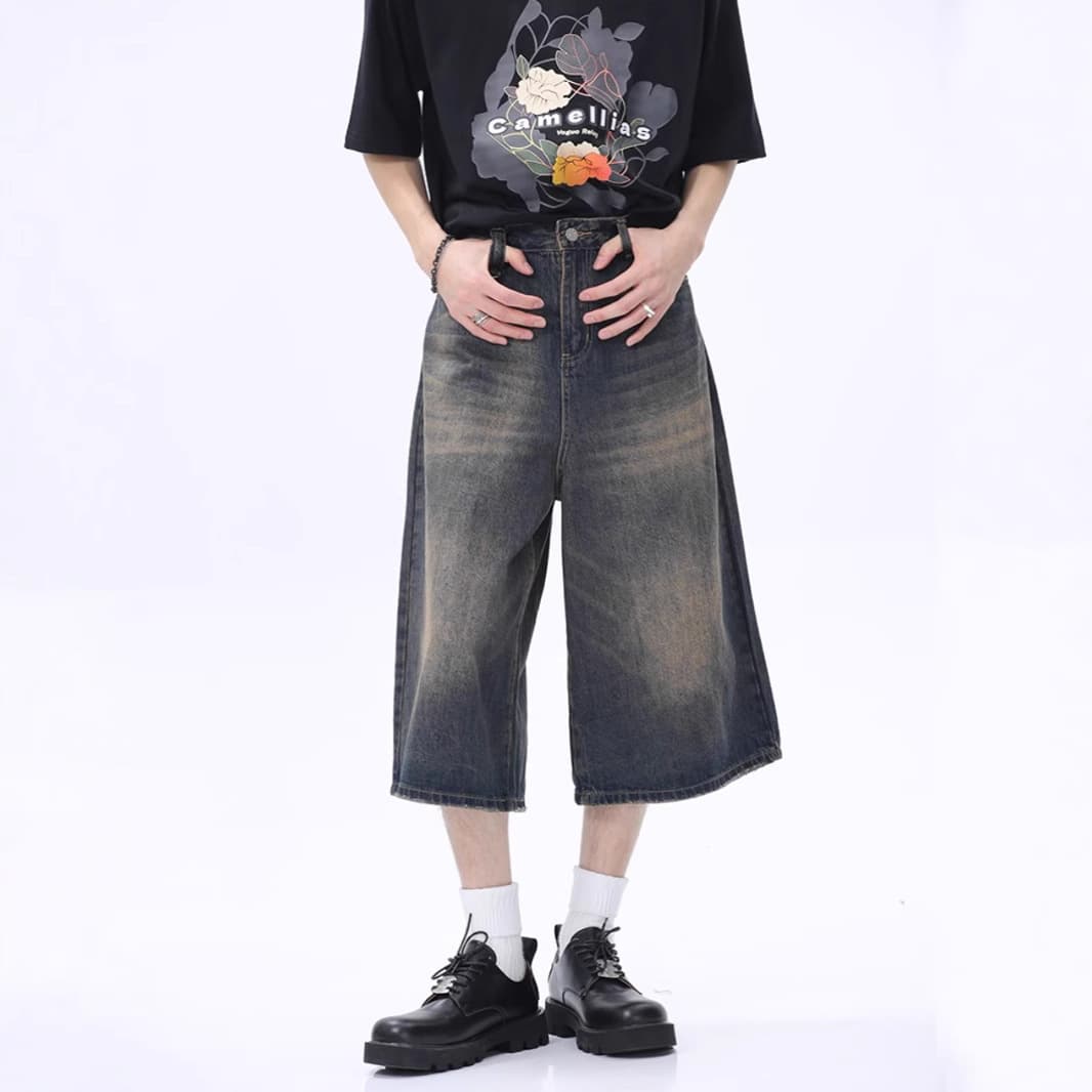 American Retro Loose Silhouette Washed Distressed Seven-Point Denim Shorts Men's Summer High-Street Design Wide-Leg Mid-Length Pants