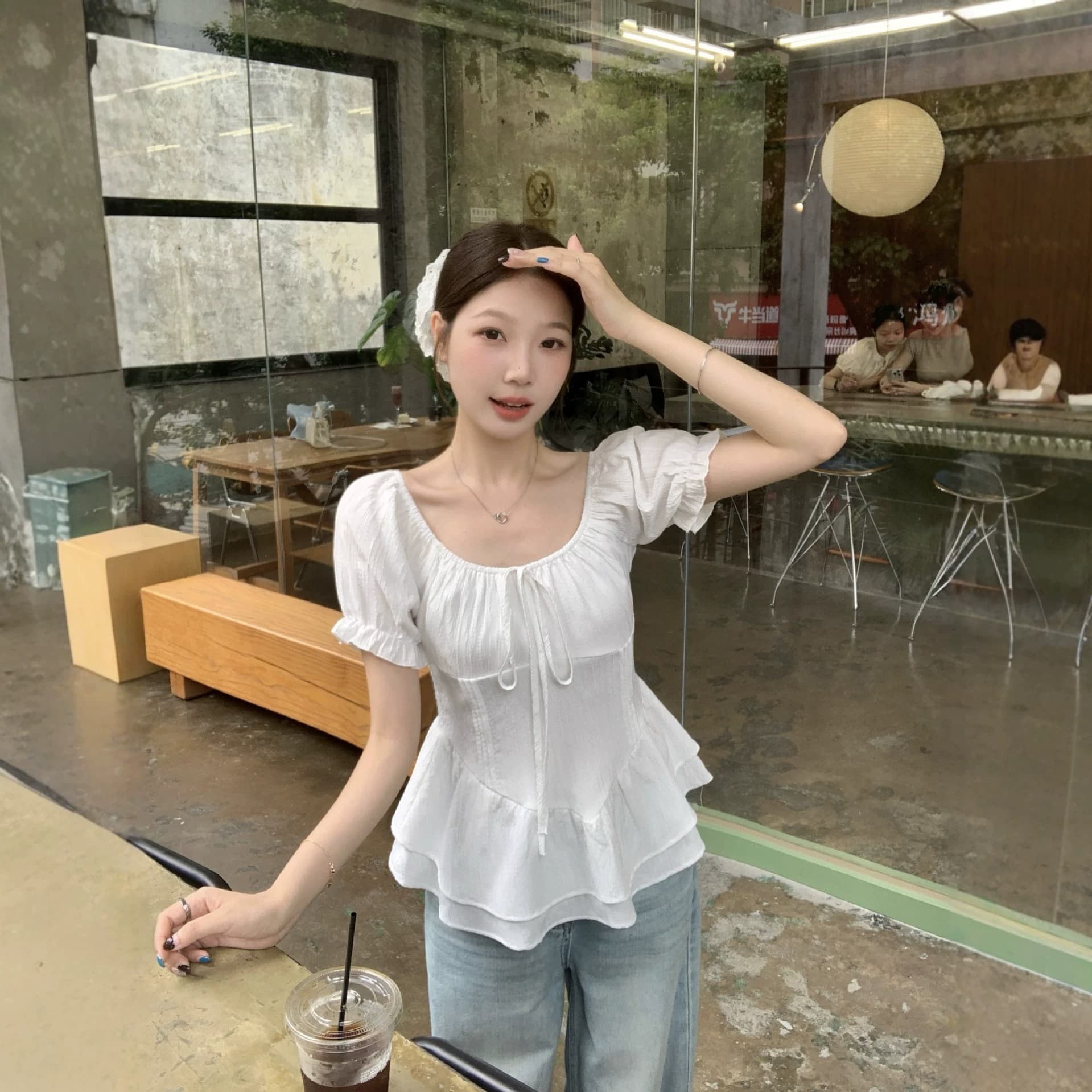 Plus Size Women's Ruffle Hem Bubble Sleeve Waist-Cinching Blouse Slimming Top