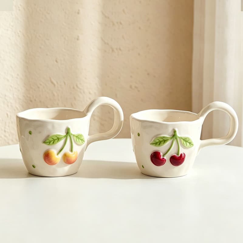 Hand-Painted Embossed Mug, High Aesthetic Value, Light Luxury, Niche Handmade Cherry Water Cup, Ceramic Coffee Cup for Tea and Water