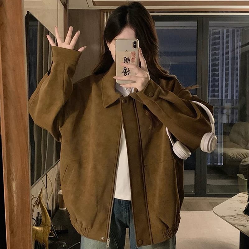 Retro suede lapel baseball uniform for women autumn and winter loose fashion thickened brown casual jacket top coat trendy