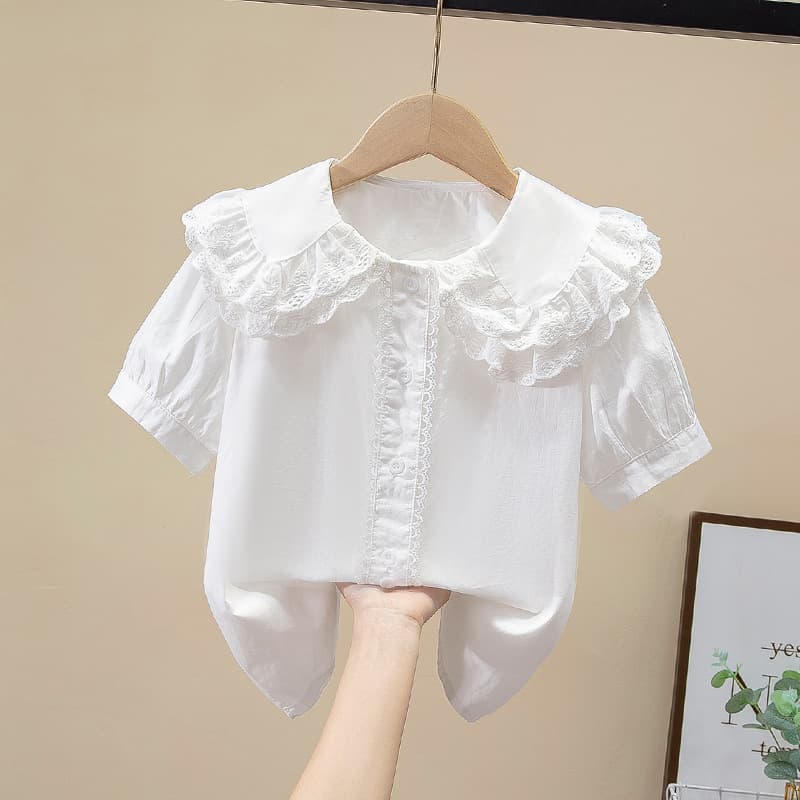 Fresh and Sweet Peter Pan Collar Short Sleeve Pure Cotton White Blouse for Women Summer New Design French Style Lace Top