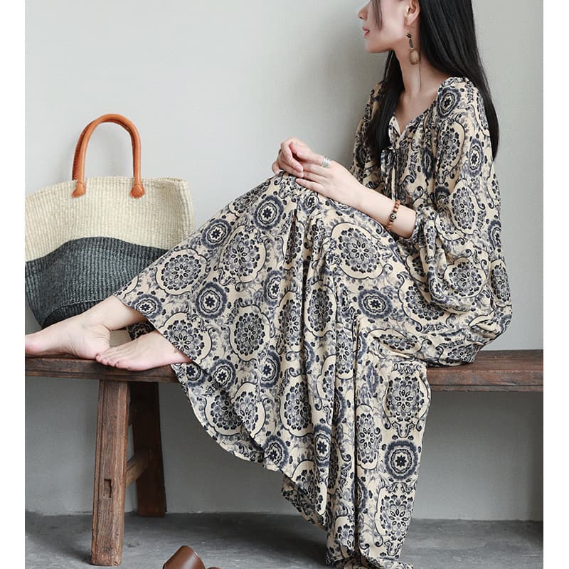 2025 French Loose Fit Blue and White Porcelain Plus Size Women's Dress Korean Style Slimming Babydoll Dress