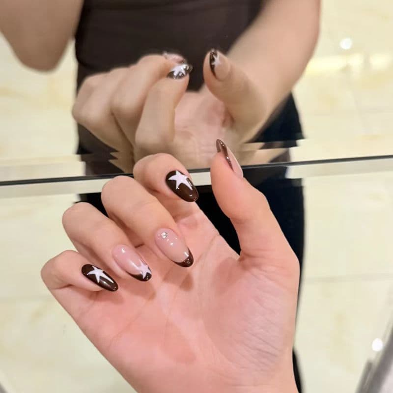 Hand-Applied Nail Art Summer Star Pink Coffee Hand-Painted French Style High-End Ins Niche Student Trendy Nails