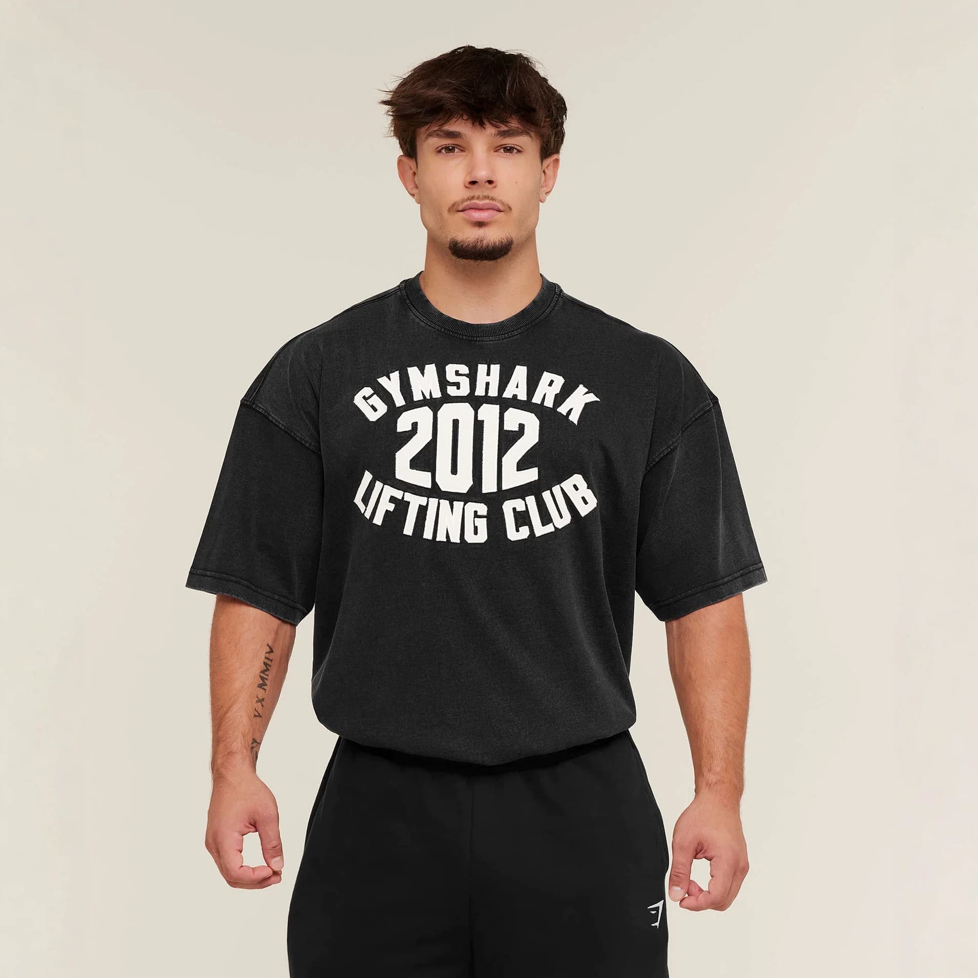 GYMSHARK Men's Oversized T-Shirt, Washed Pure Cotton, Printed Loose Casual Short-Sleeve Outdoor Sports Fitness Tee