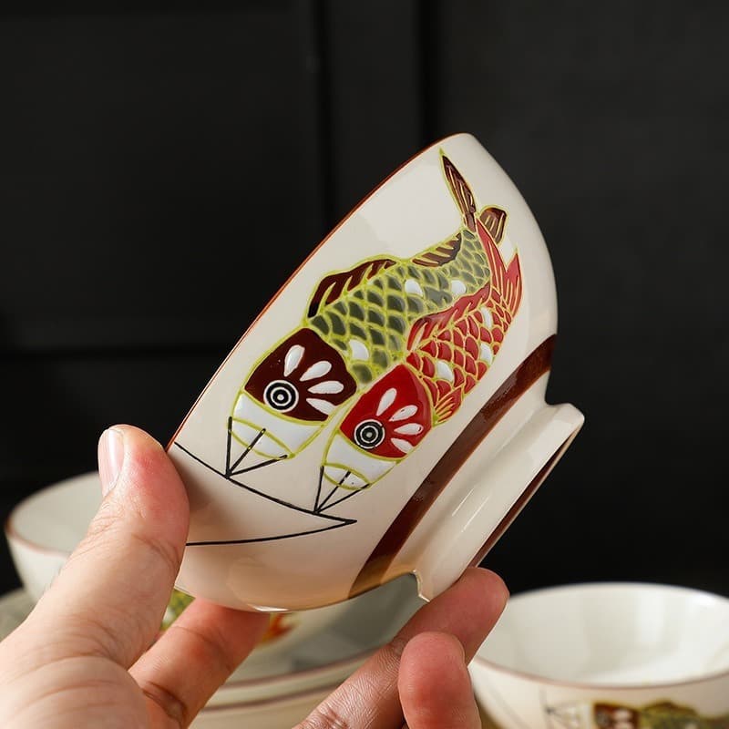 Japanese retro ceramic tableware set carp bowl and plate set self-assembled underglaze color household tableware set