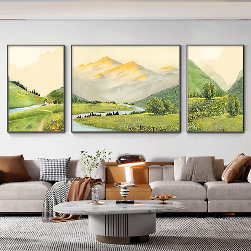 Nordic living room decorative painting landscape sofa background wall hanging modern simple triple panel mural elegant crystal porcelain painting