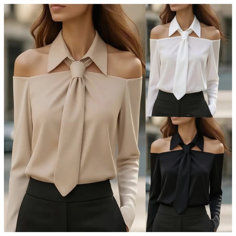 2026 Wish Best Seller for Independent Sites: Autumn Solid Color Casual Versatile Long-Sleeve Tie Collar Shirt for Women