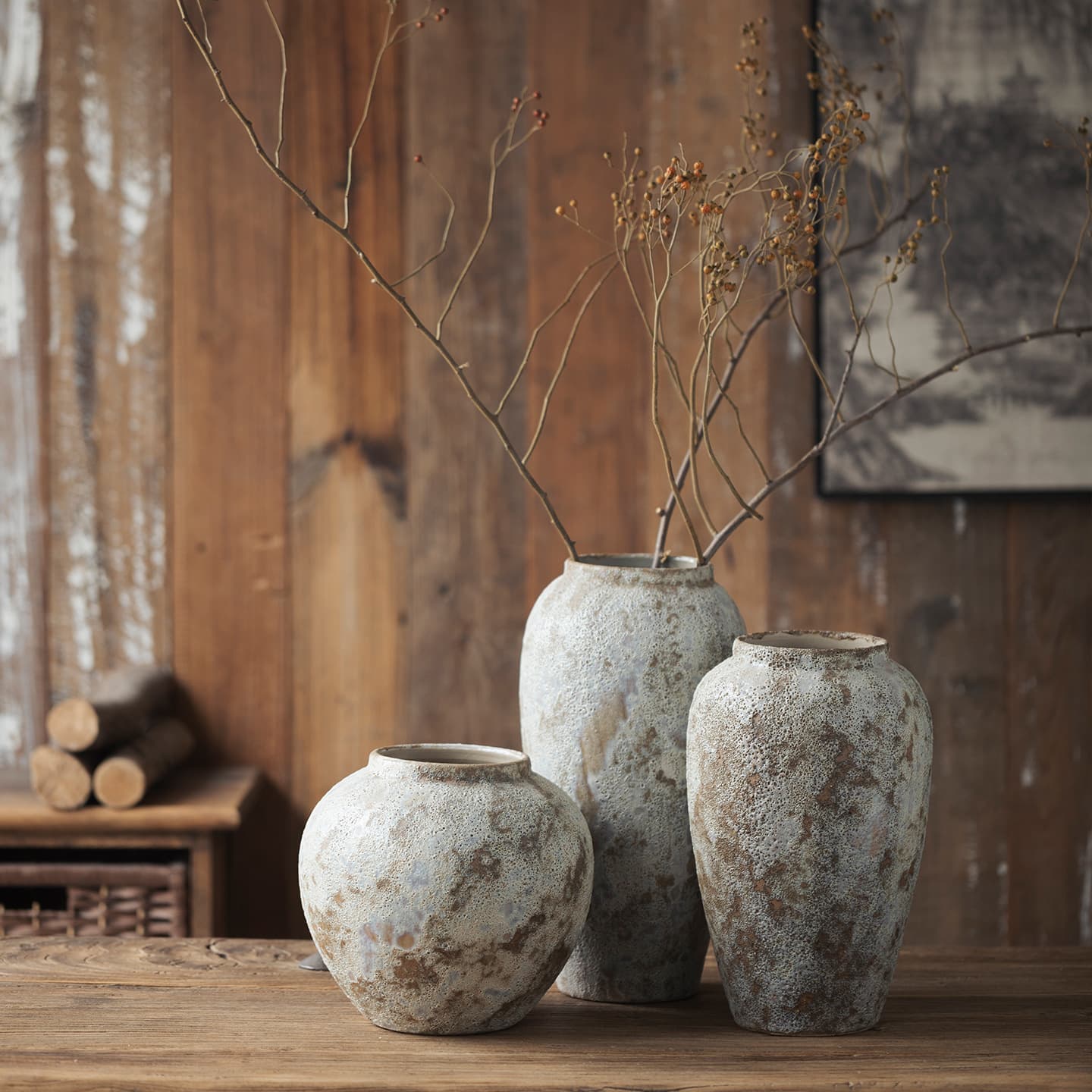 Japanese Retro Vintage Tabletop Vase, Zen Kiln-Changed Dry Branch Flower Arrangement, Study Log-Style Decorative Ornament, Free Shipping