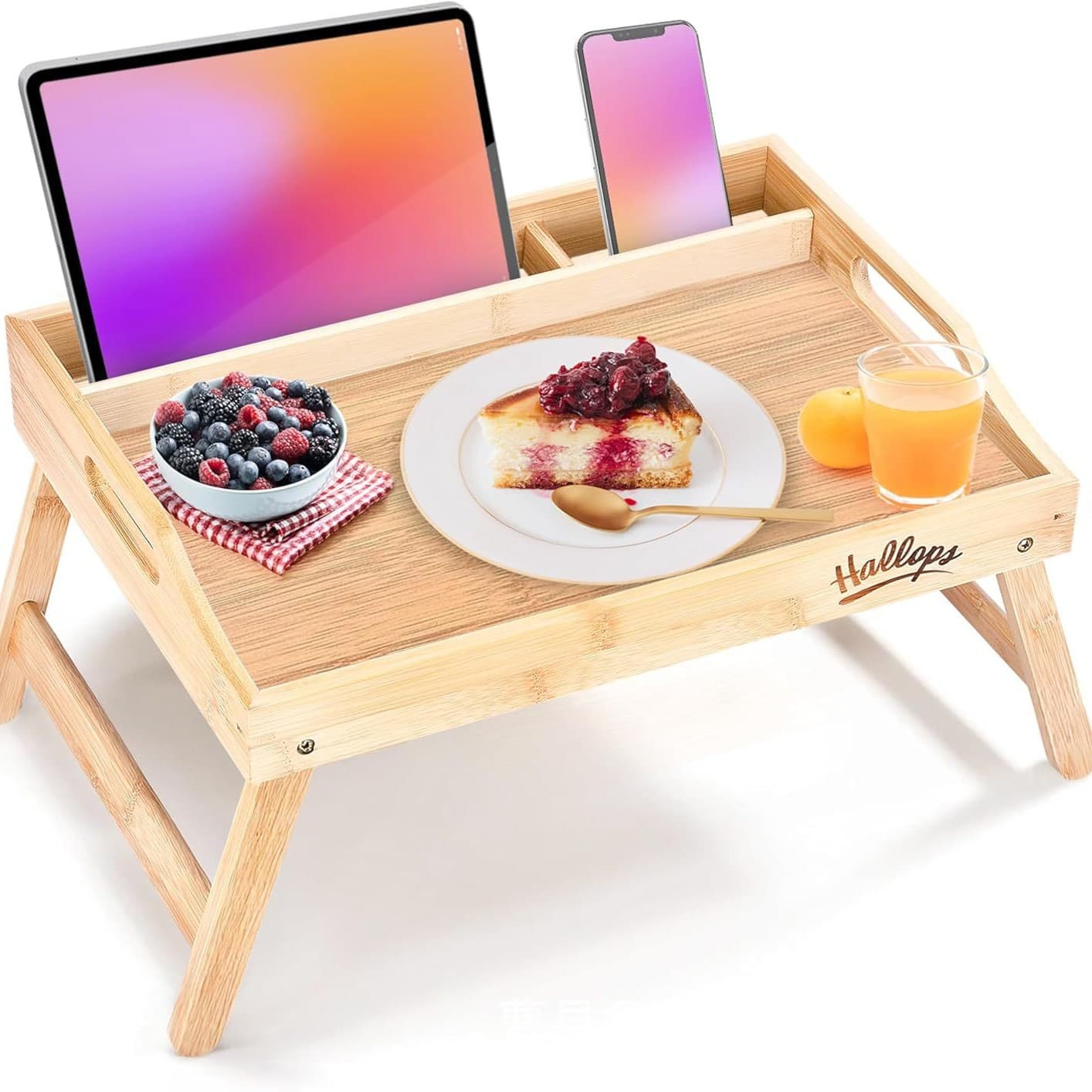 Custom Folding Bed Tray Wooden Tea Tray Breakfast Multi-Function Bedside Table with Phone Holder Folding Food Tray