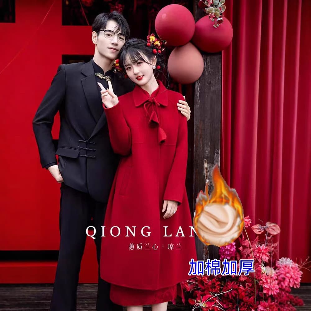New Year Red Faux Wool Coat Petite 2024 Autumn Winter Engagement Wedding Departure Banquet Bride Wool Coat