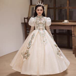Kids Formal Dress Autumn Winter Long Sleeve Stunning Flower Girl Birthday Princess Tulle Skirt Children Host Piano Performance