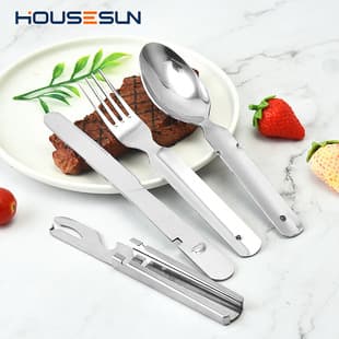 Stainless Steel Tableware Outdoor Camping Portable Cutlery Set Western Knife Fork Spoon 4-Piece Folding Storage Cutlery
