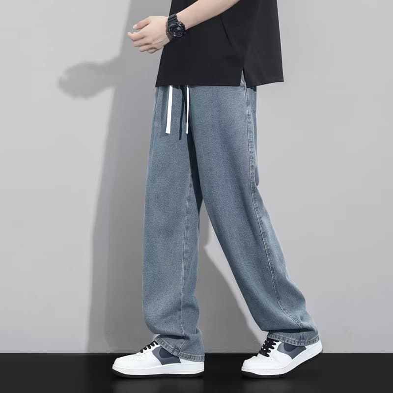 Light Blue Denim Jeans for Men Spring Summer Loose Straight Wide Leg Pants Trendy Handsome Youth Casual Trousers