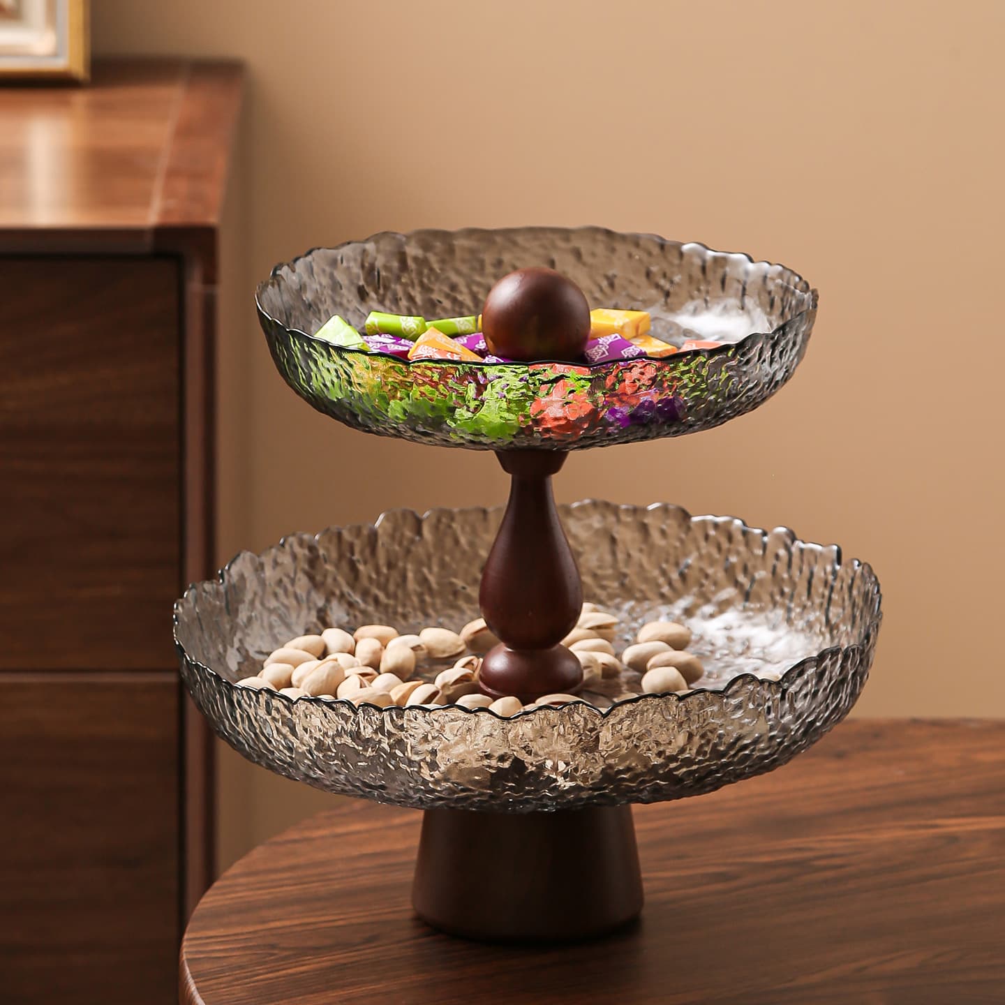 Yagang New Chinese Style Home Fruit Plate Living Room Solid Wood Exquisite Dried Fruit Plate Premium Glass Snack Plate Coffee Table Decoration