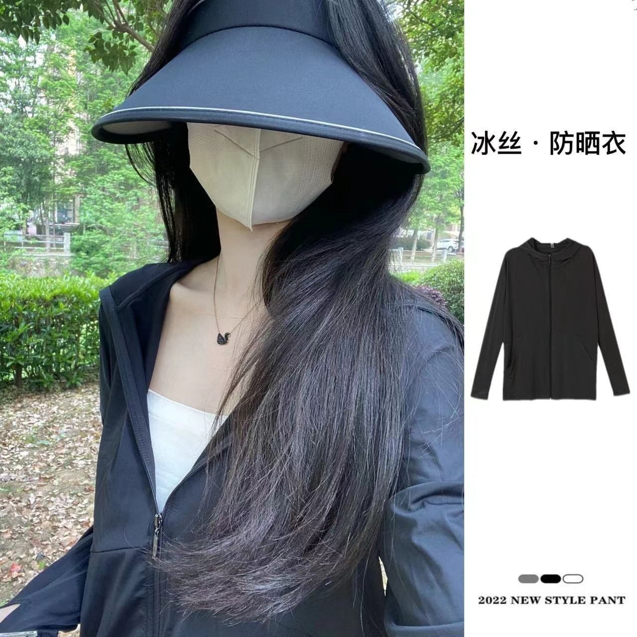 (Large Quantity in Stock) Women's Black Sun Protection Clothing, Summer Outerwear, Breathable Ice Silk UV-Protective Hooded Jacket, Loose Fit