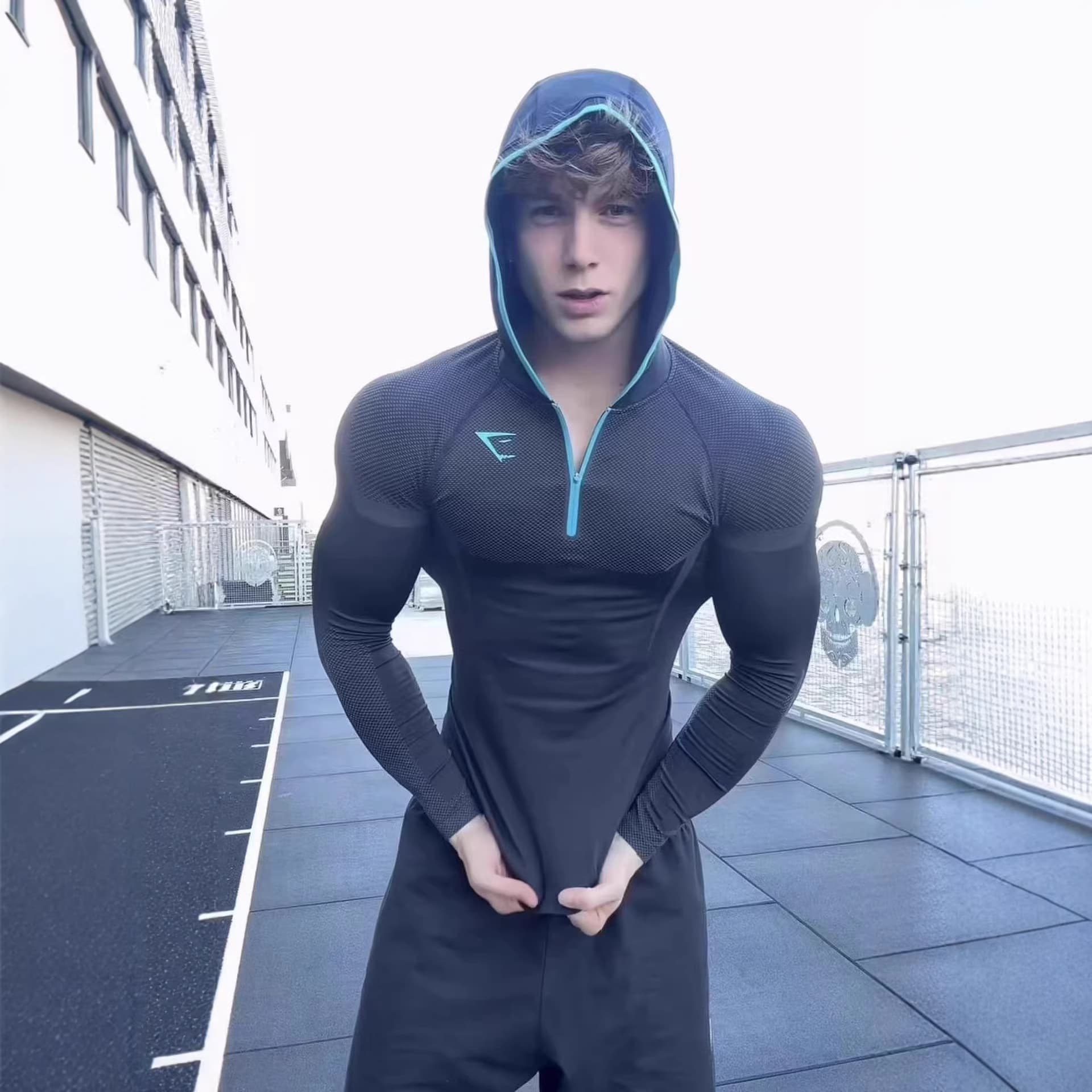 GYM Fitness Long Sleeve Men's Autumn/Winter Classic Superhero Quick-Dry Stretch Hooded Half-Zip T-Shirt Top