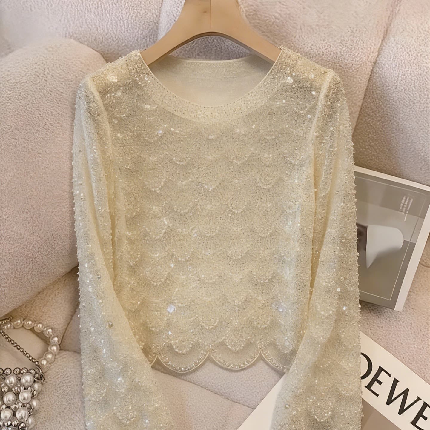 Women's Elegant Handmade Pearl Tassel Semi-Sheer Apricot Top - Sparkling Casual Fashion Long-Sleeve Blouse