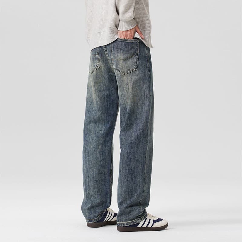 Autumn and winter new style small straight loose jeans men's elastic casual American retro washed cotton elastic high-end long pants