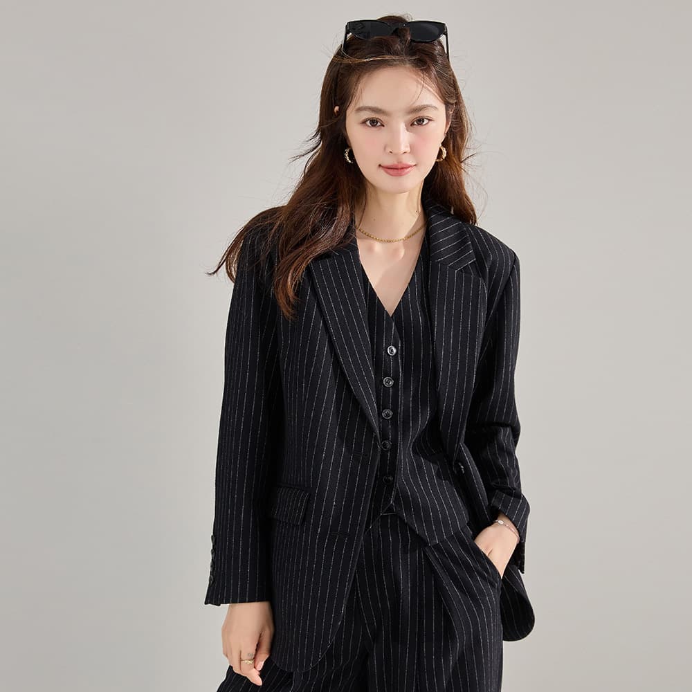 26 Spring New Fine Wool Series Black Striped Suit Set Women's Loose Suit 22379 Pants 22381