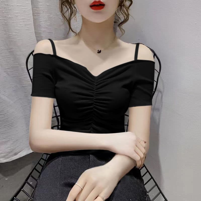 Summer Ruffle Trim Off-Shoulder Sexy Short Top for Women Slimming Black Niche Design Short-Sleeve T-Shirt