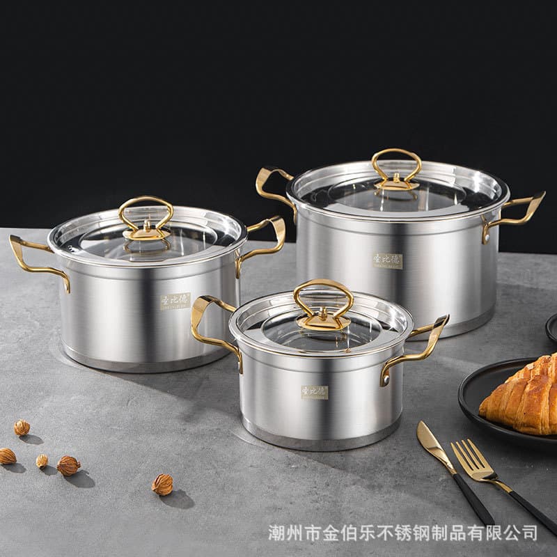 Manufacturer wholesale 6-piece stainless steel pot set thickened right-angle soup pot gold-plated handle soup pot cooking pot