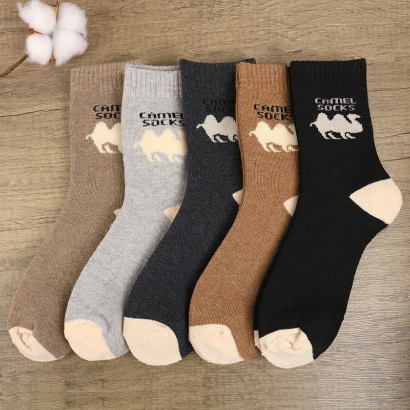 Wholesale autumn and winter men's winter fleece-lined and thickened thermal mid-calf camel socks pattern anti-odor sweat-absorbent outdoor