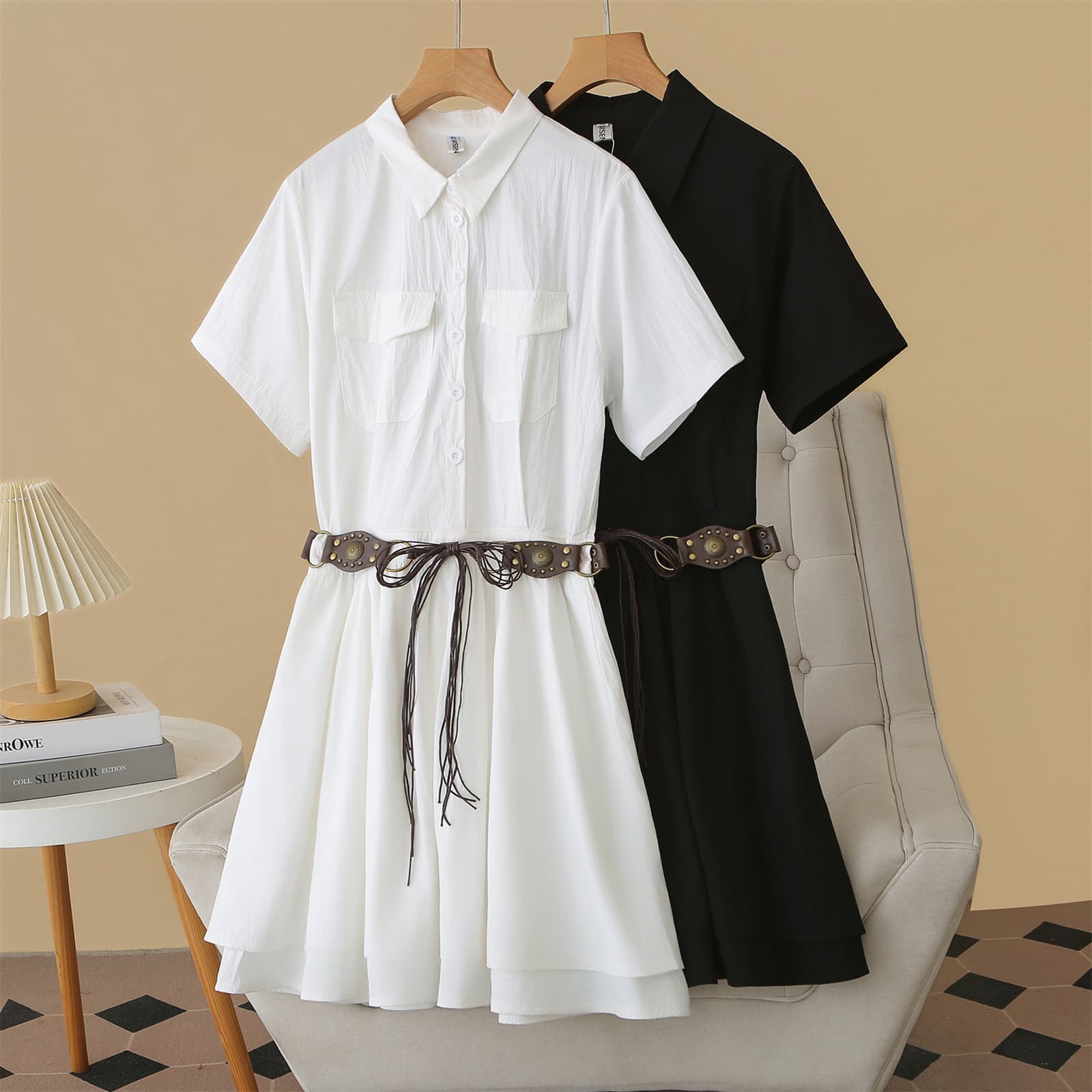 2026 Summer Plus Size Dress Short Sleeve Waist-Cinching Slimming Midi Dress Belted Slimming Notched Collar A-Line Dress for Curvy Women 8773