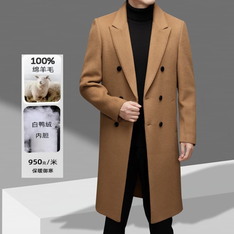 Cross-border Double-Faced Wool Coat with Detachable Lining, Knee-Length Thickened Winter Overcoat for Men
