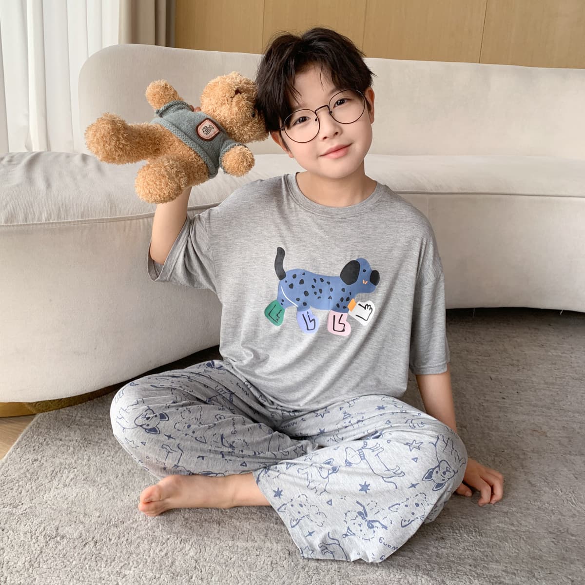 Comfortable Boys Summer Short Sleeve Pajamas 3-Piece Set 2026 Cartoon Pajamas for Older Children