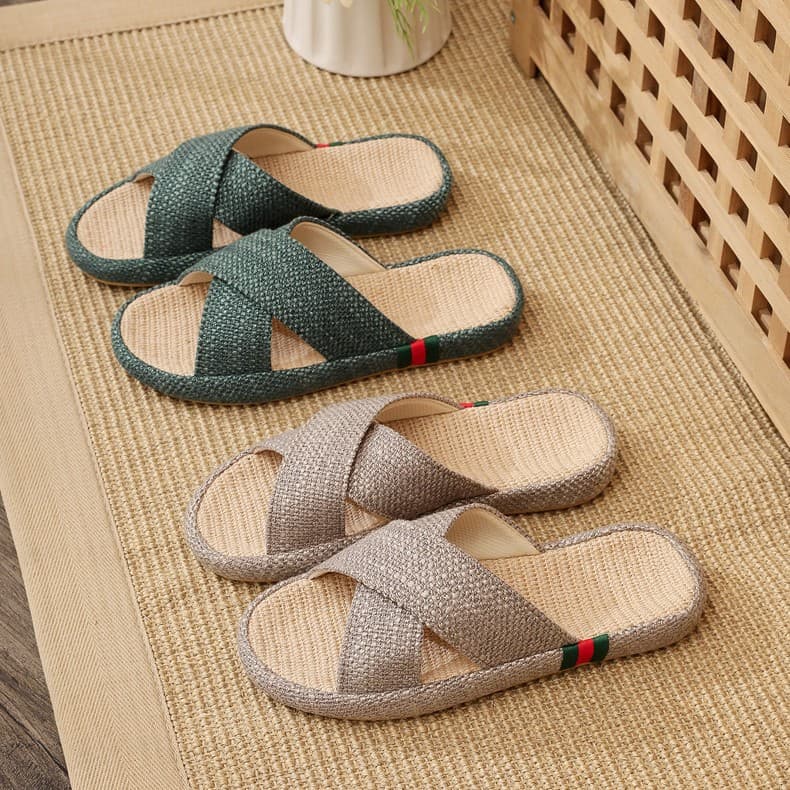 Home anti-slip silent all-season household cross-strap linen slippers women's summer indoor men's breathable thick sole