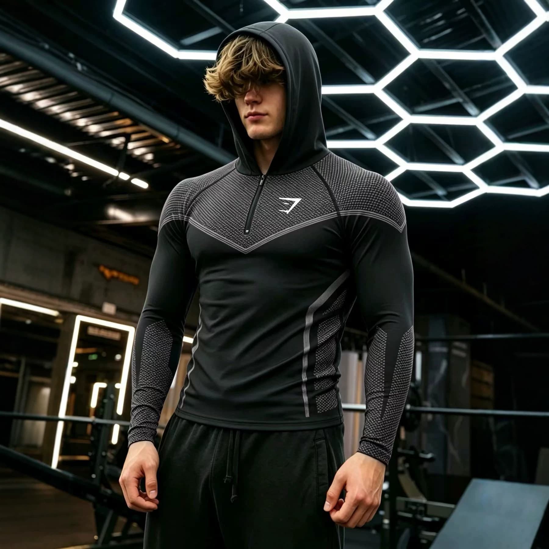 2026 New Men's Long Sleeve Sports Fitness Quick-Dry Breathable Elastic Half-Zip Compression Training Top Cross-Border Exclusive