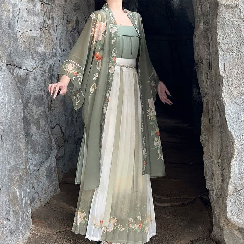 Xiao Xiang Ji Original Hanfu Women Qing Tea Song Dynasty Print Changgan Temple Waist-High Pleated Skirt Daily Fresh Spring Summer Autumn Style