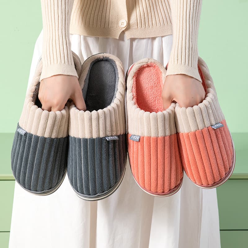 Patchwork Corduroy Tab Autumn/Winter Warm Indoor/Outdoor Home Men/Women Couples Floor Slippers Cotton Slippers for Warmth
