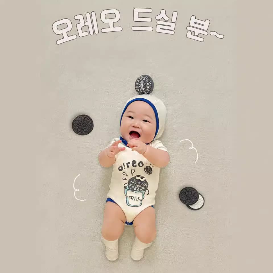26 new summer style Korean version of khaki ins Oreo printed style baby jumpsuit baby short-sleeved fart cover