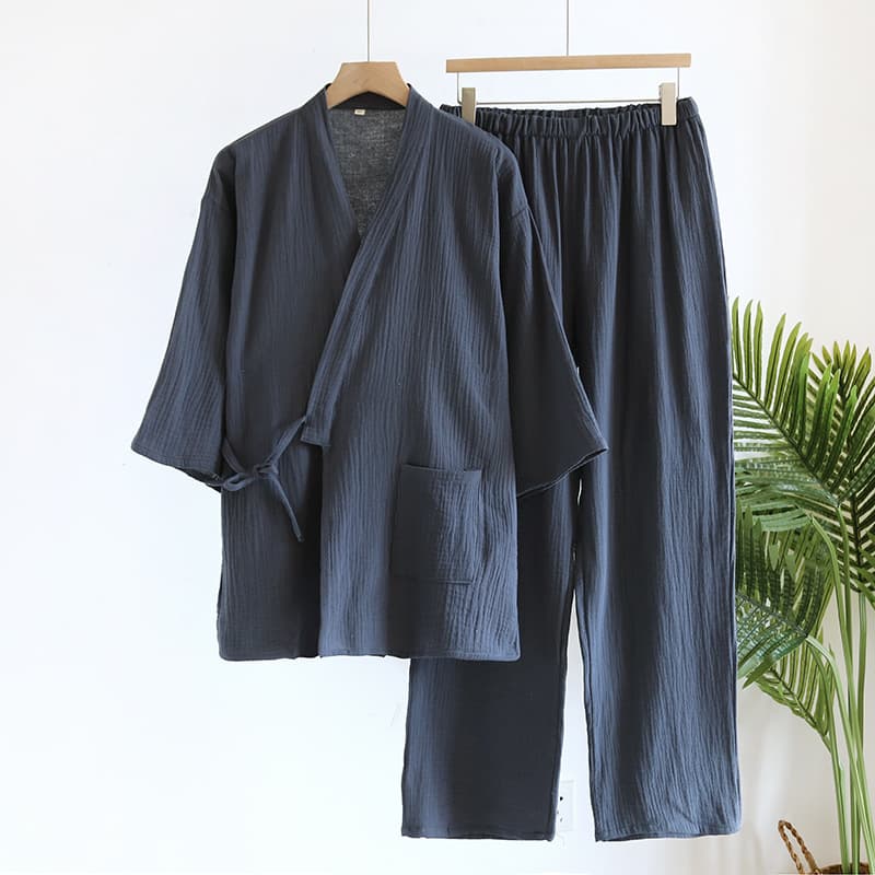 Cotton Crepe Kimono Sauna Suit for Men, 230 Jin Plus Size, Japanese Style Long Sleeve Long Pants, Sauna Hotel Homewear